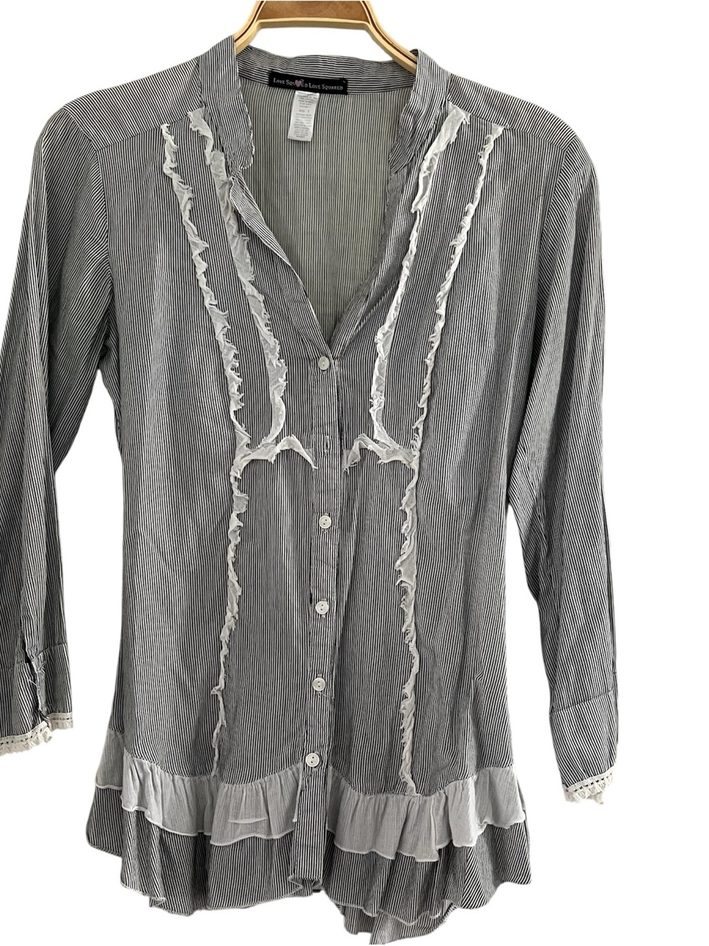 Love Squared Sz S Grey & White Pinstripe Ruffle Lace Trim Button Up Shirt